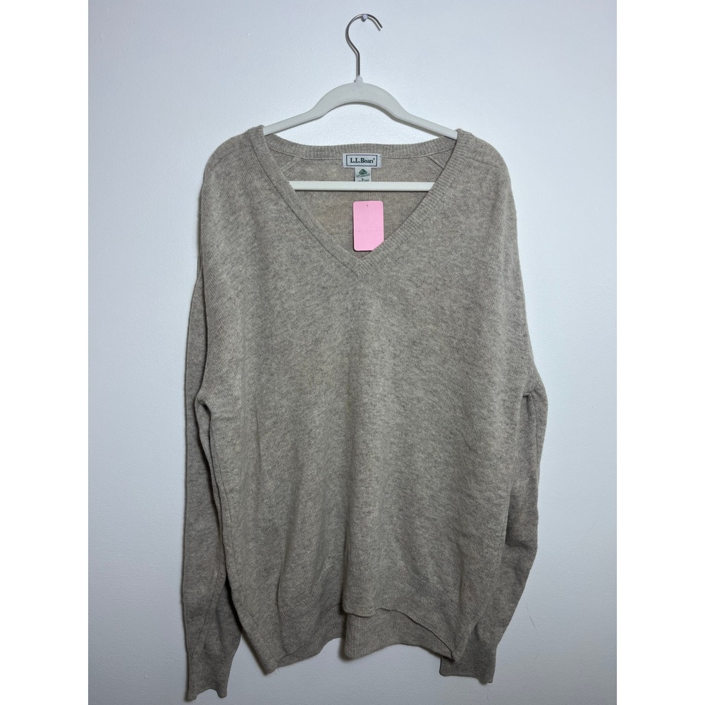LL Bean Mens Lambswool V-Neck Sweater Oatmeal Beige Heather Wool Pullover